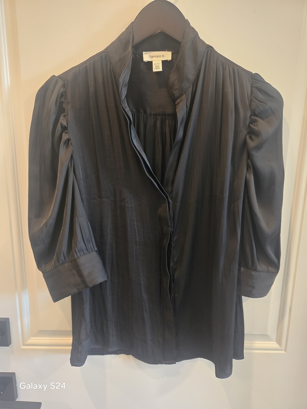 Tamara Mellon Black Satin-Look Puff Sleeve Blouse